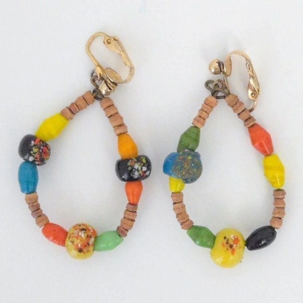 Vintage Beaded Floral & Wooden Teardrop Dangle‎ Boho Clip Earrings (Set of 2)